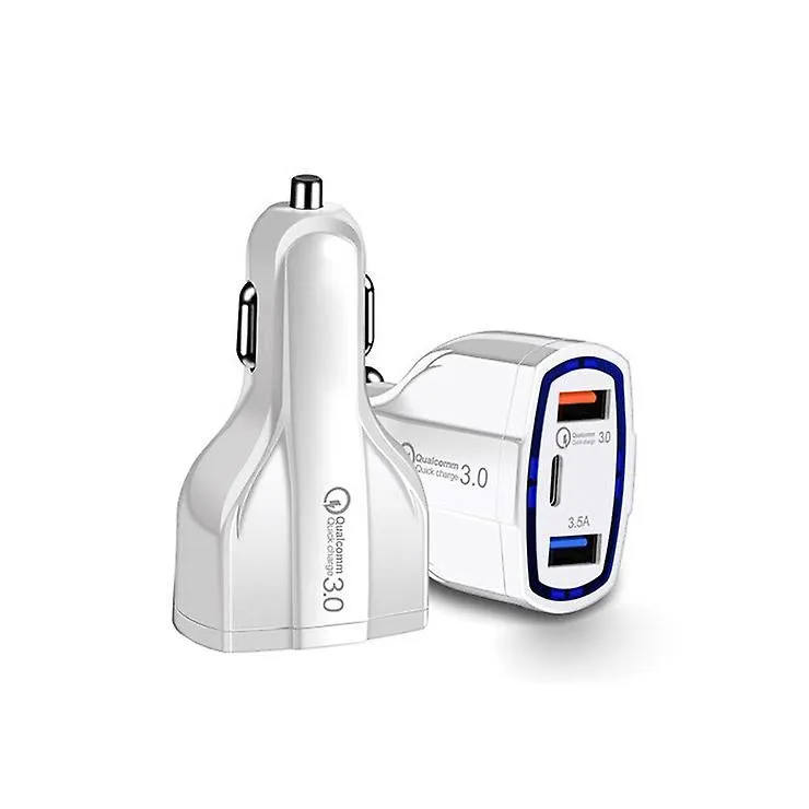 2Pcs white Quick Car Charger With 2 USB Ports and Type-C Port AZ12191