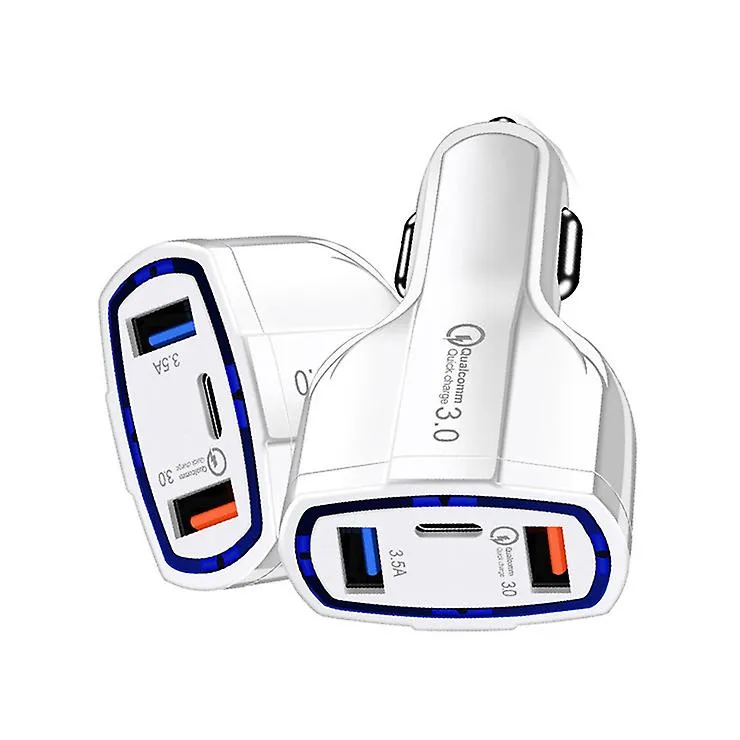 2Pcs white Quick Car Charger With 2 USB Ports and Type-C Port AZ12191