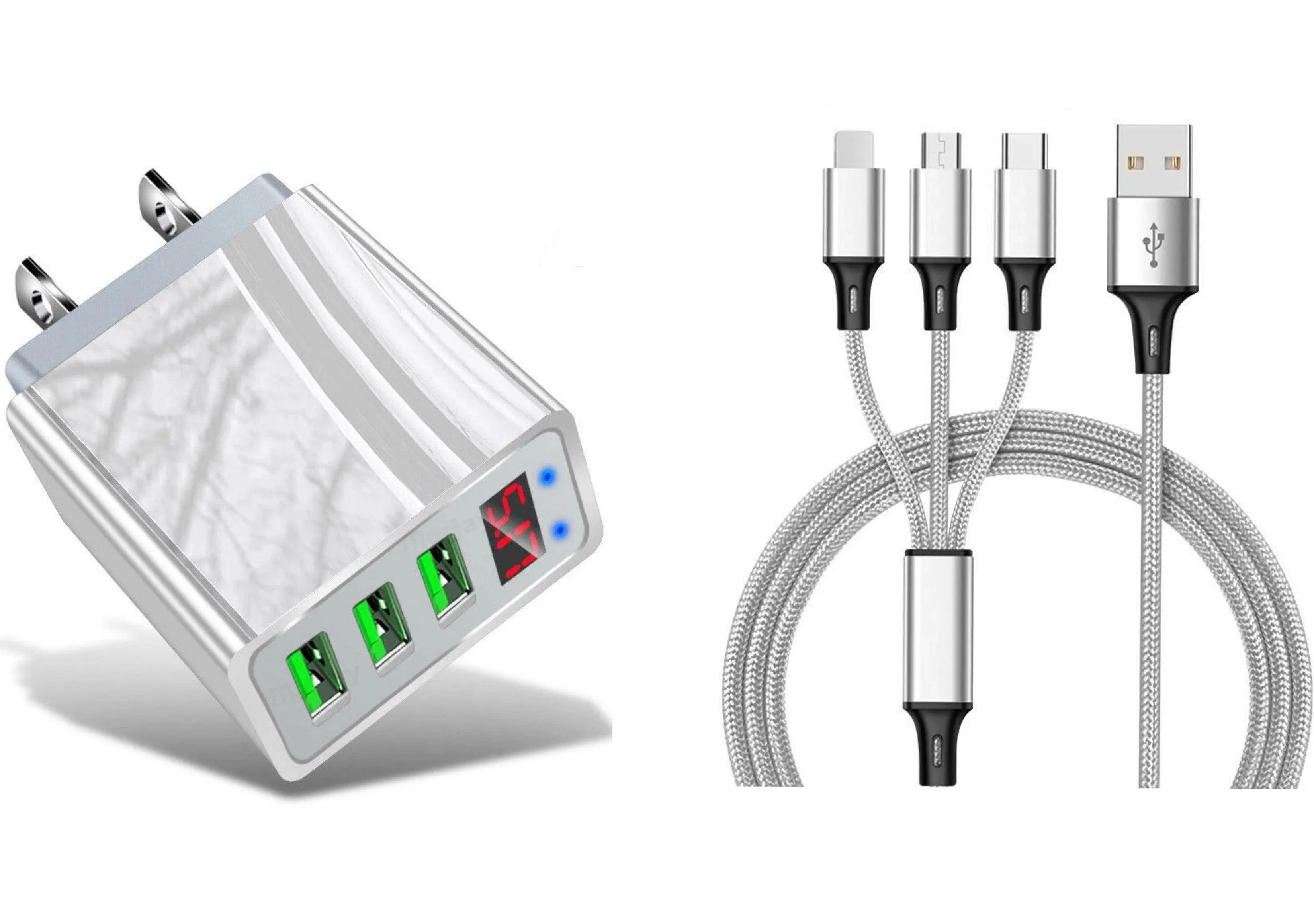 3 port LED Display High Speed Wall Charger White   3 in 1 Cable Combo