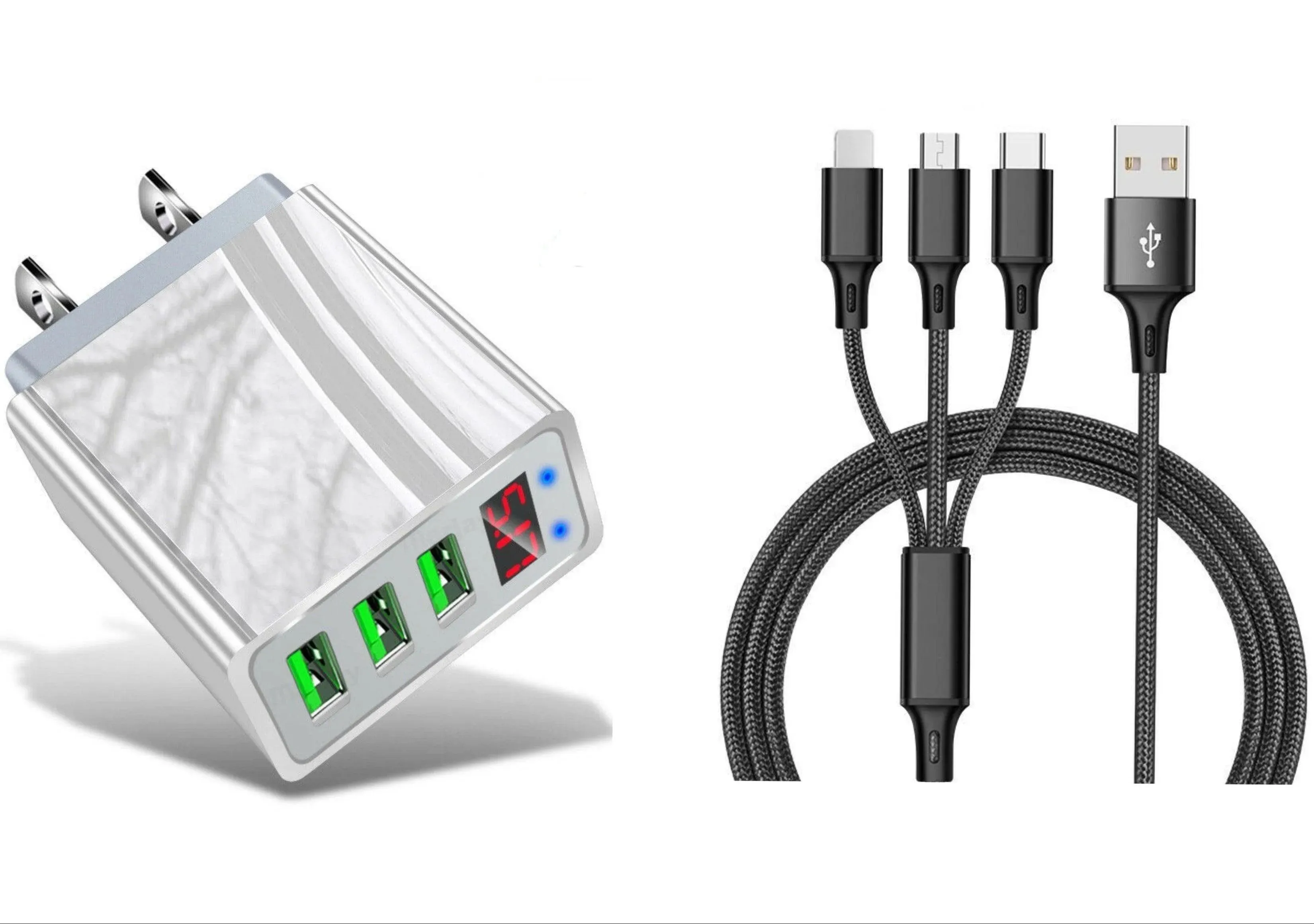 3 port LED Display High Speed Wall Charger White   3 in 1 Cable Combo