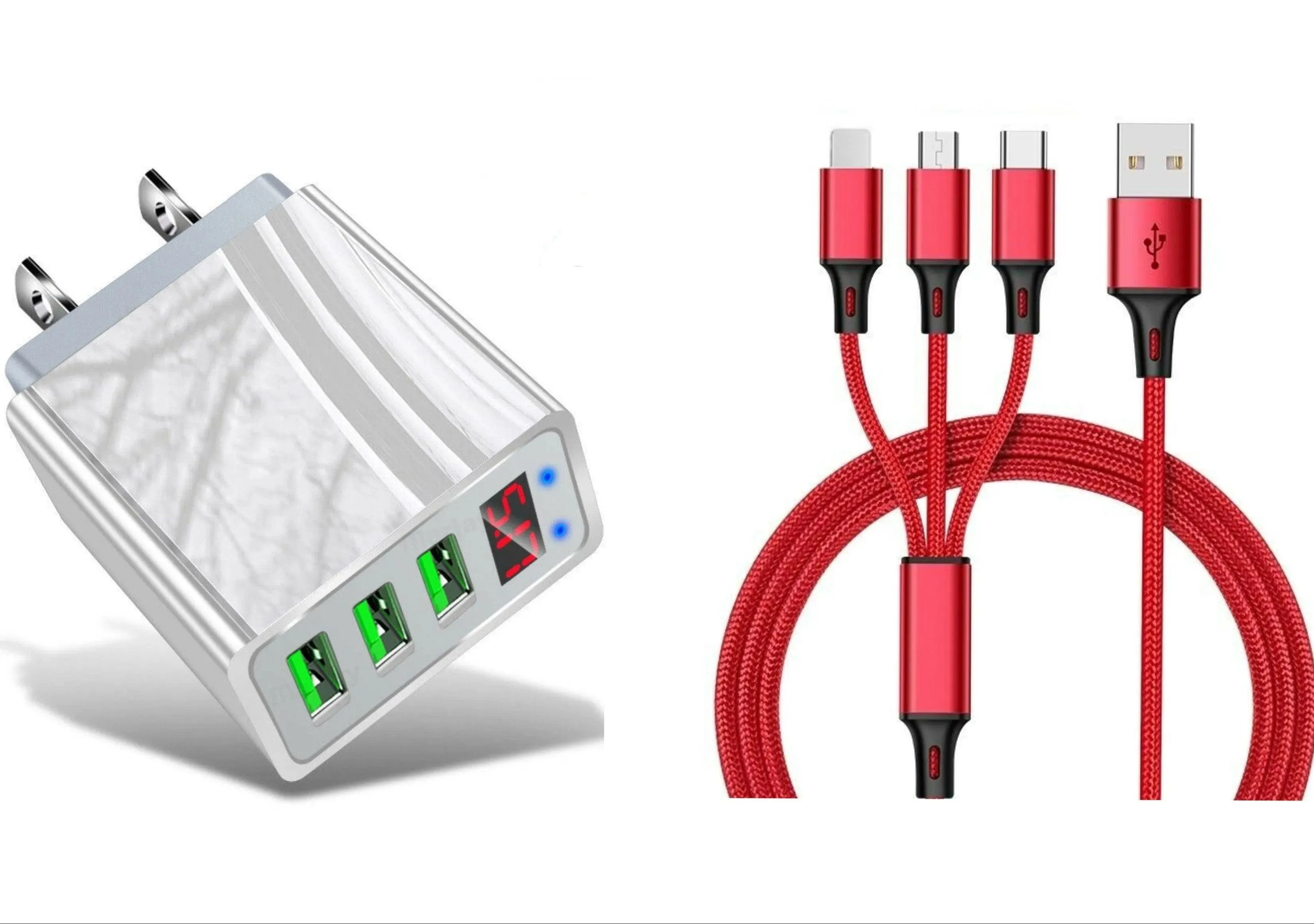 3 port LED Display High Speed Wall Charger White   3 in 1 Cable Combo