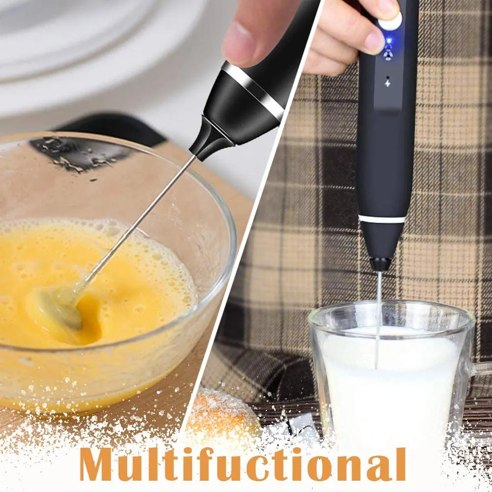 3-Speed Black Rechargeable Milk Frother Handheld, USB