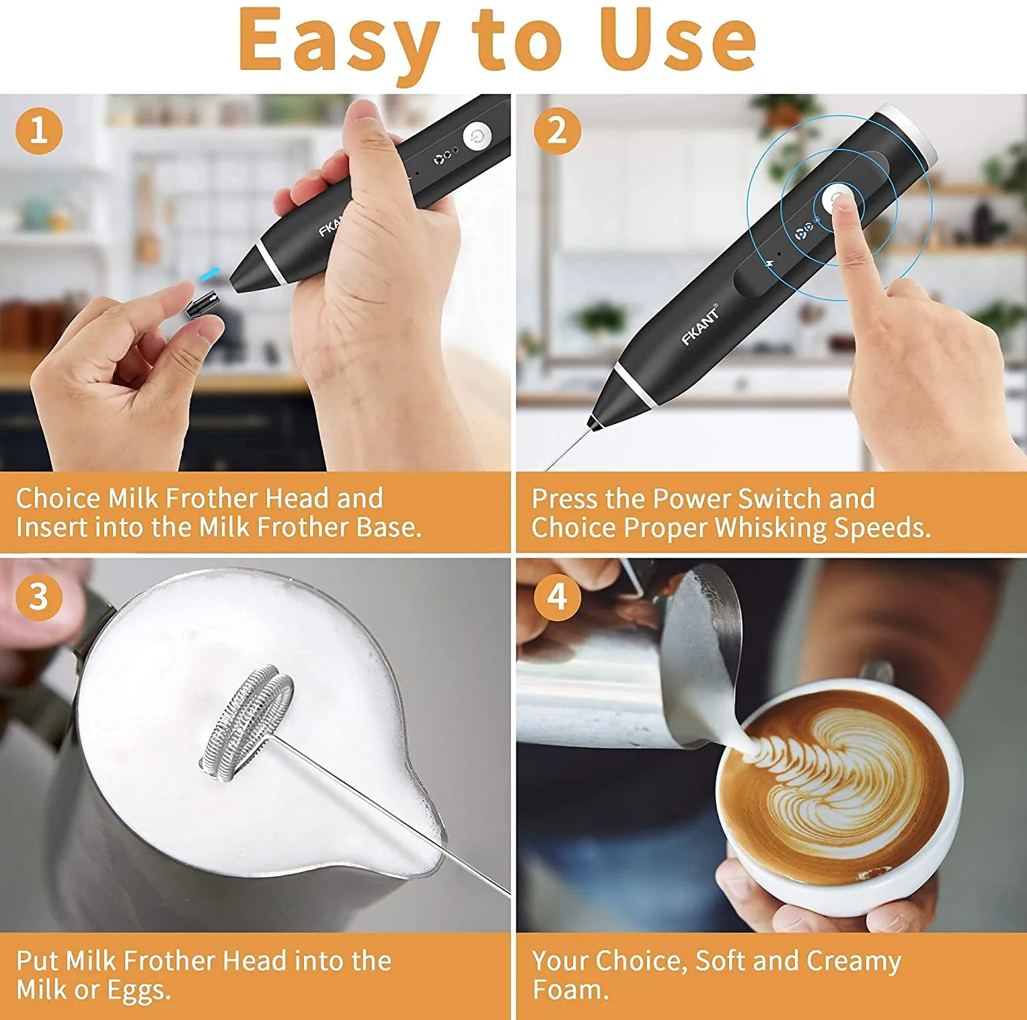 3-Speed Black Rechargeable Milk Frother Handheld, USB