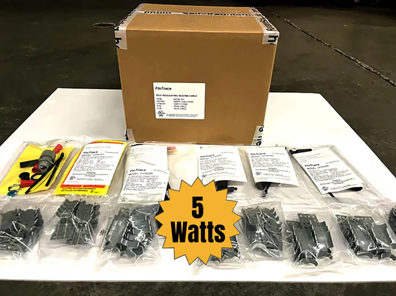 500 ft. Self Regulating Cable Package - 5 watts 208-277 volts, 2 Hard-wired Connection Kits, 1 Splice T Kit, 100 Roof Clips & 3 End Seal Kits