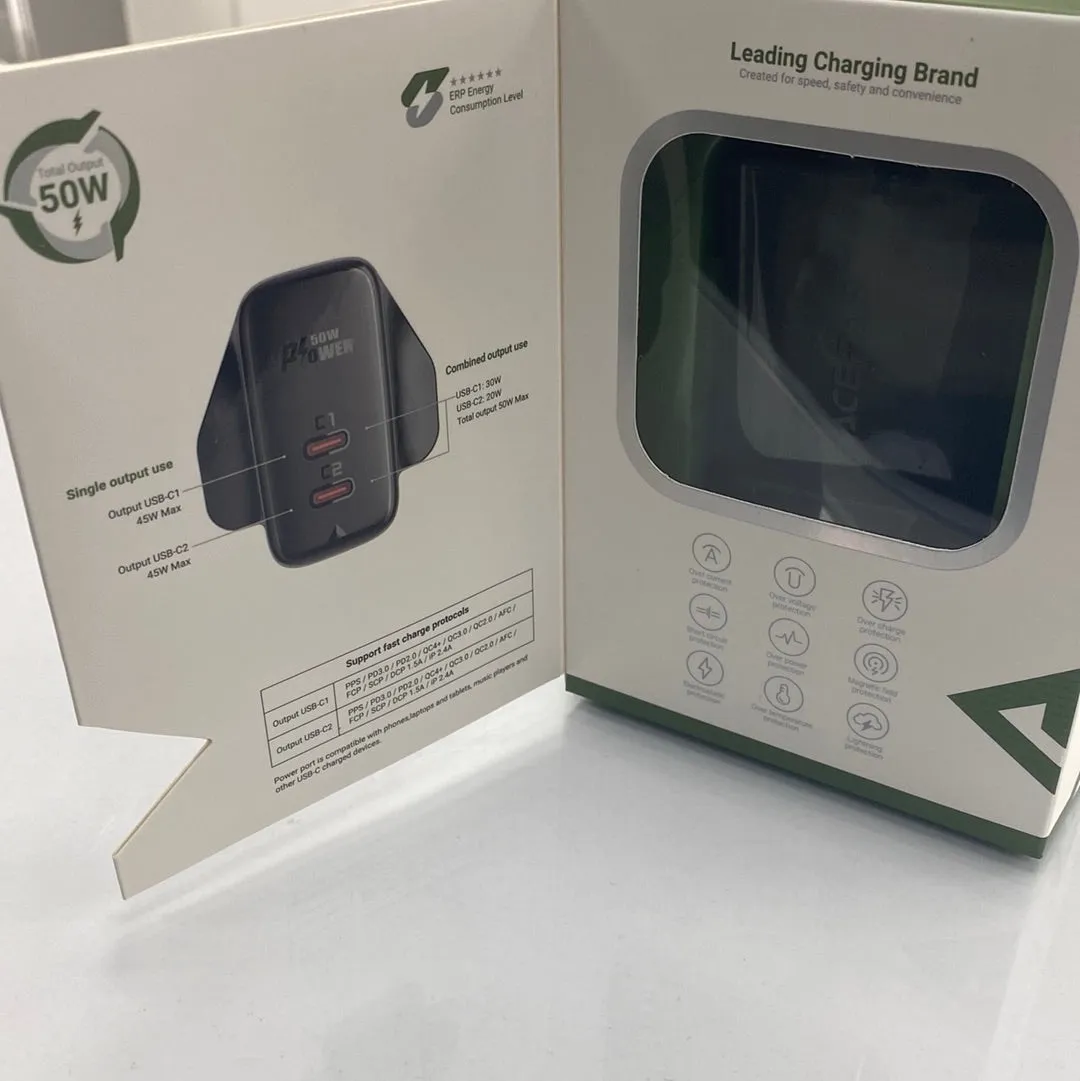 50W Rapid Mains Charger Dual USB-C Plug