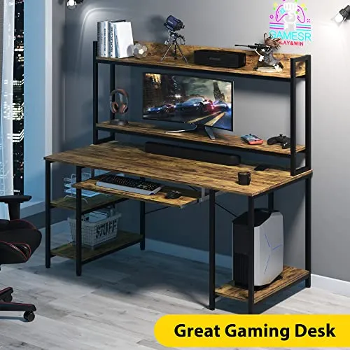 55 INCH Computer Desk with Keyboard Tray, Industrial Desk with Hutch Storage Shelves Gaming Desk with Monitor Shelf CPU Stand Study Writing Desk for Home Office, Easy to Assemble, Rustic Brown