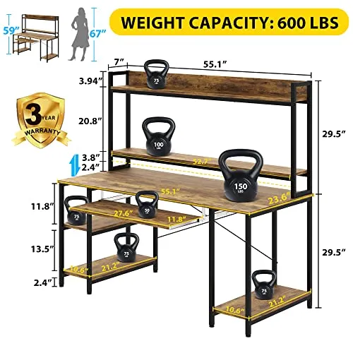 55 INCH Computer Desk with Keyboard Tray, Industrial Desk with Hutch Storage Shelves Gaming Desk with Monitor Shelf CPU Stand Study Writing Desk for Home Office, Easy to Assemble, Rustic Brown