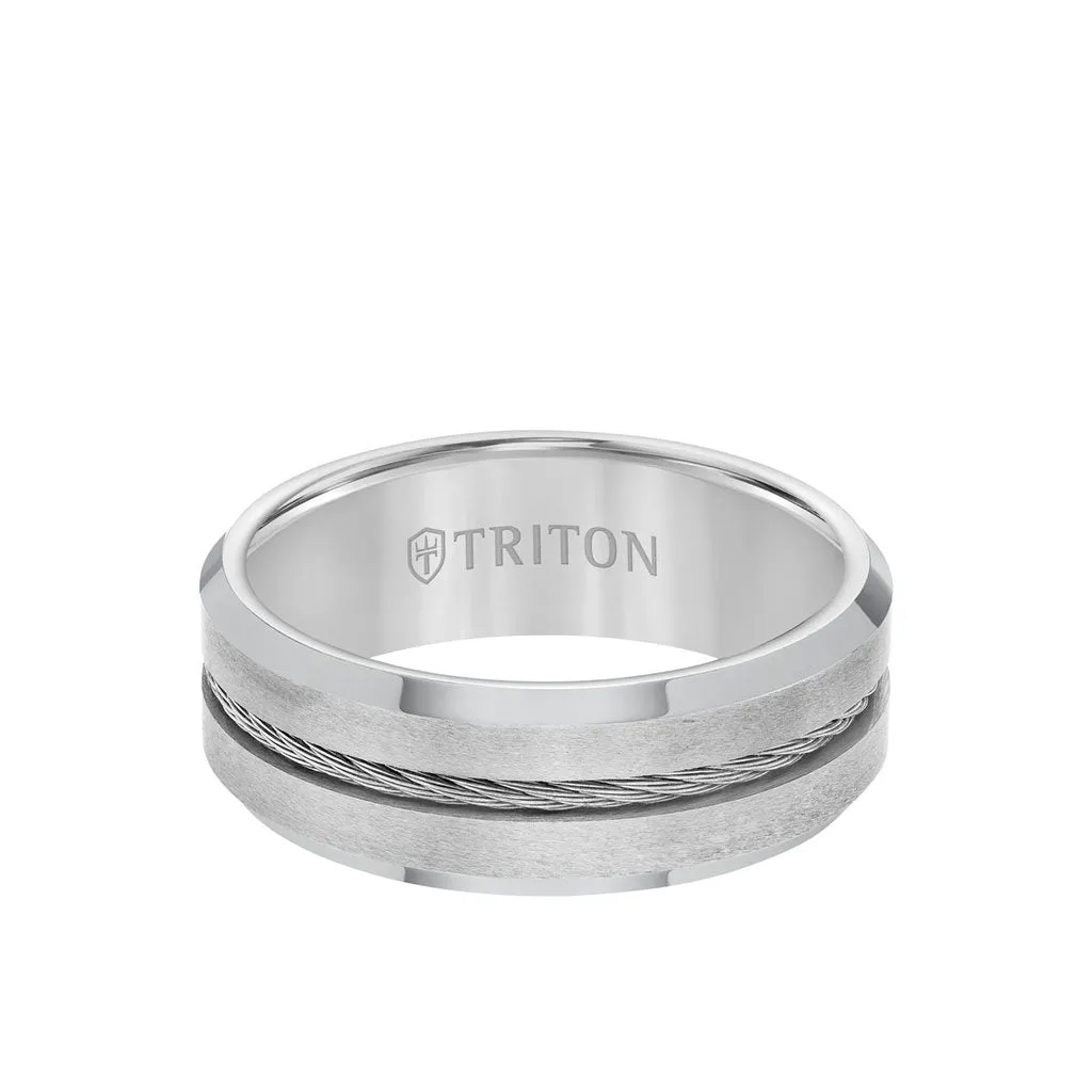 8MM Tungsten Carbide Ring - Steel Cable Center and Bevel Edge