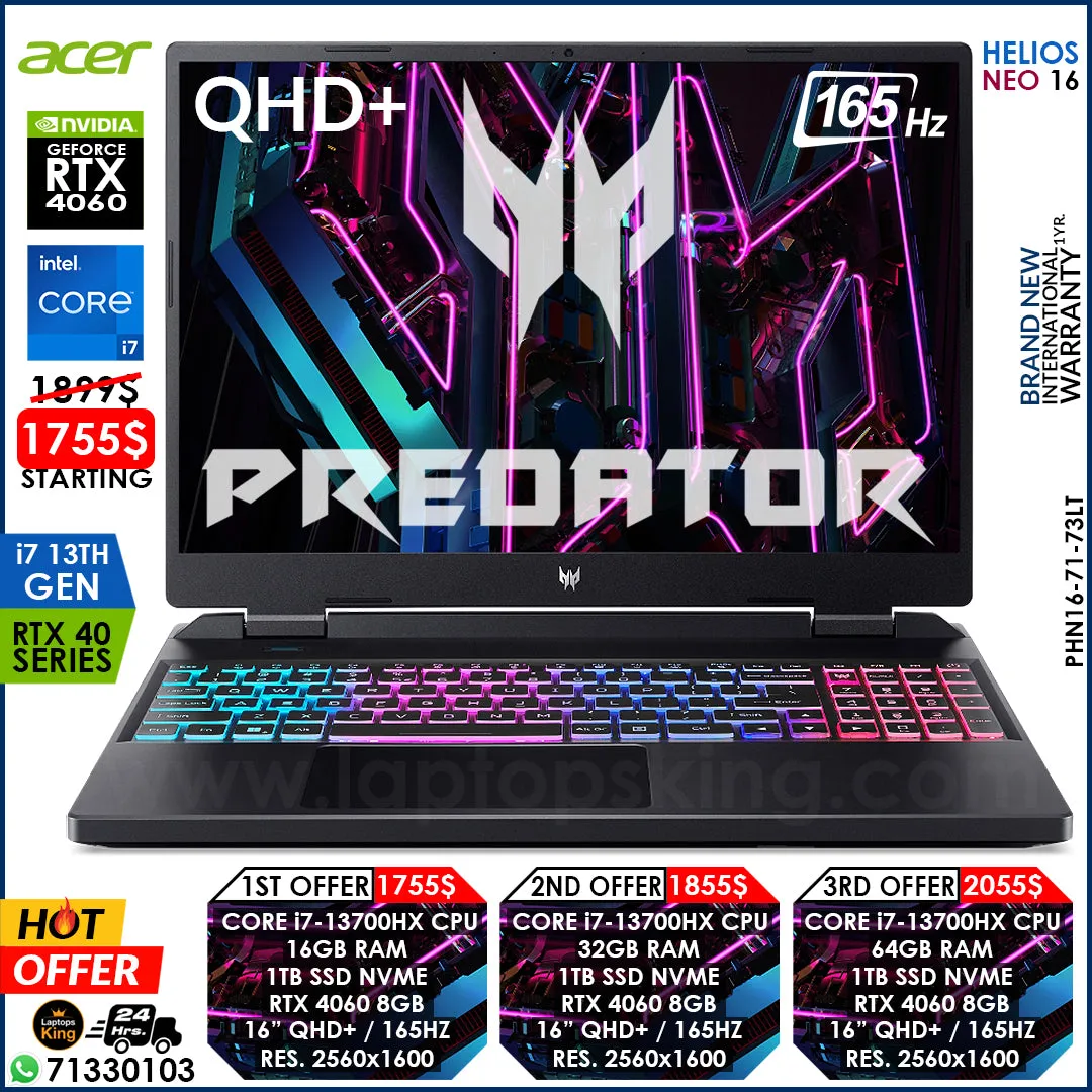 Acer Predator Helios Neo 16 PHN16-71-73LT Core i7-13700hx Rtx 4060 165hz Qhd  Gaming Laptops (Brand New)