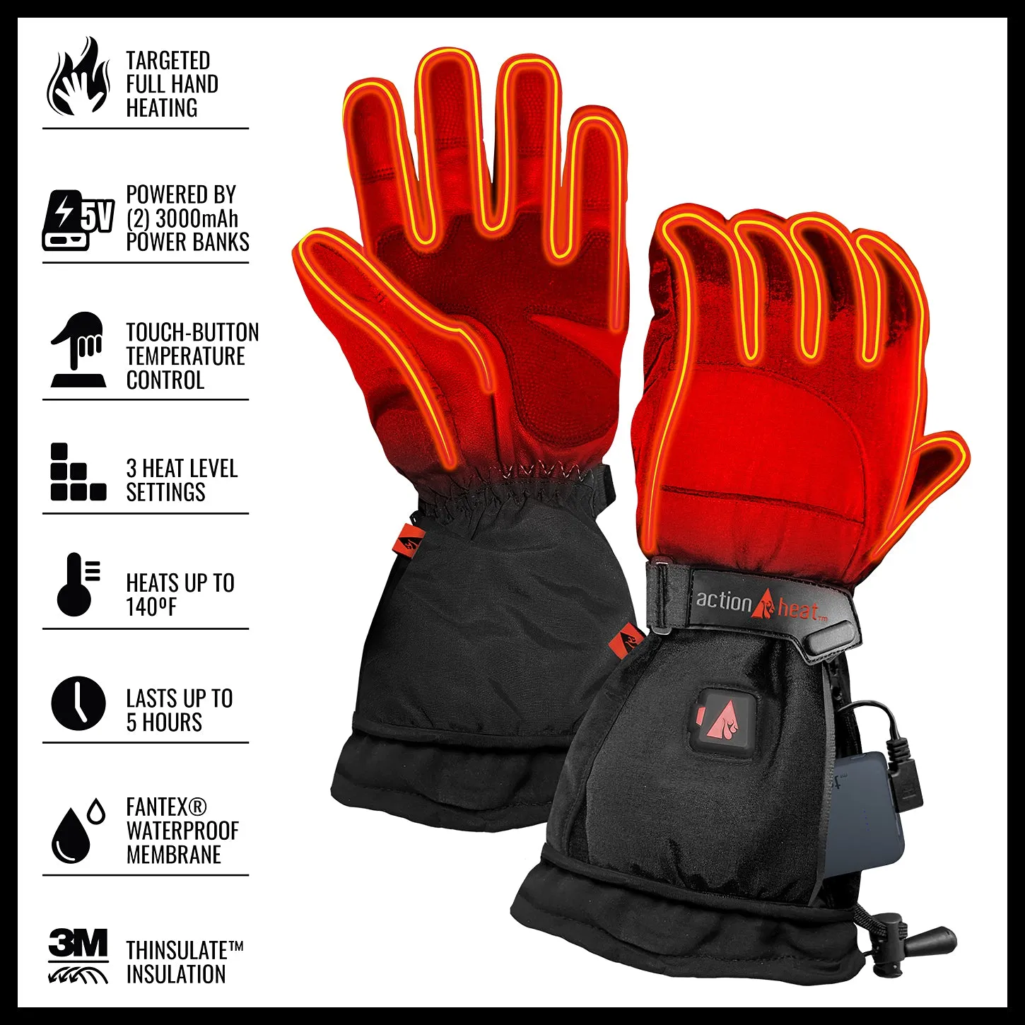 ActionHeat AH-GV-5V-W-L Battery Heated Gloves for Women, Electric Gloves for Ski, Motorcycle, Cold Hands, Arthritis, Heats up to 145F