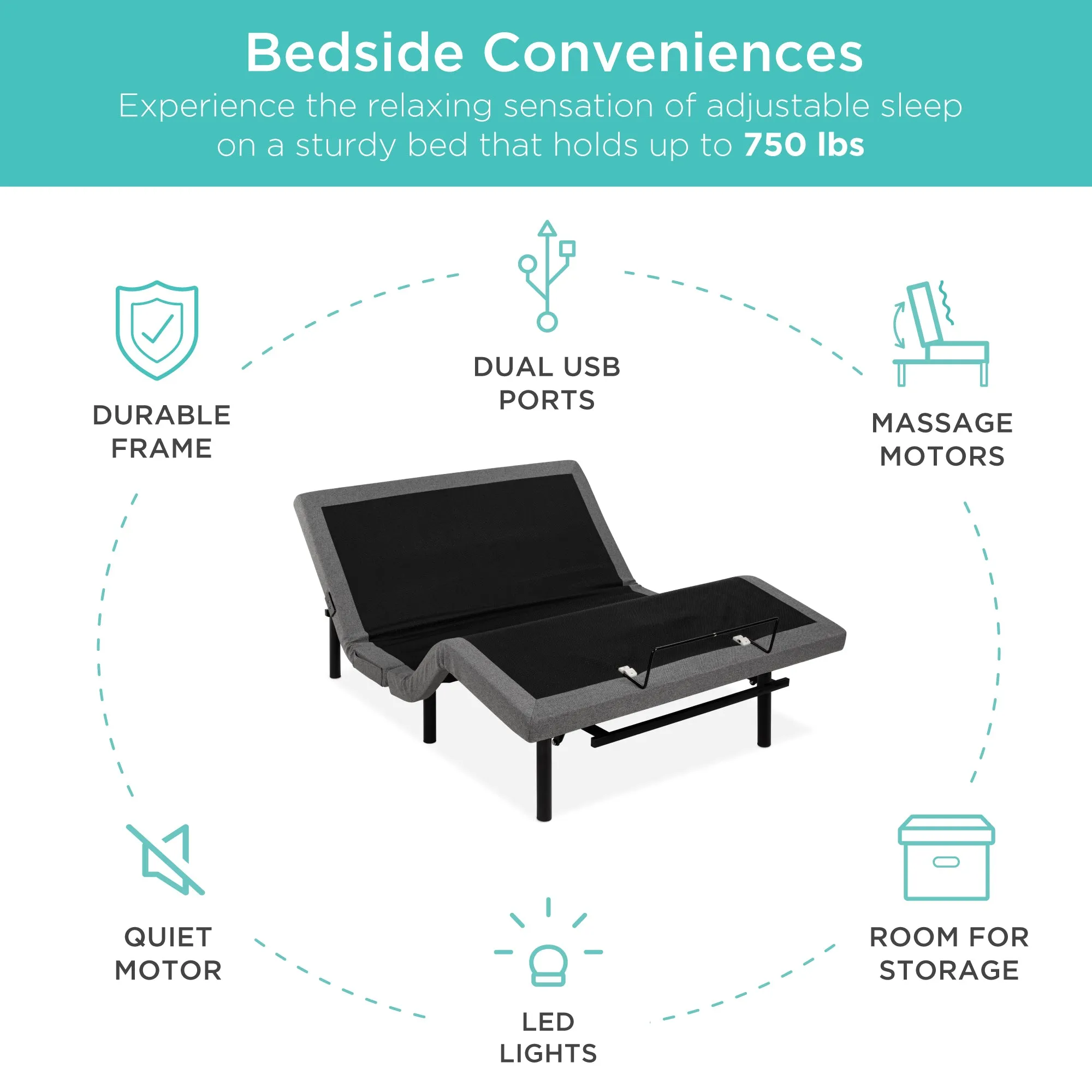 Adjustable Bed Base with Massage, Remote, USB Ports