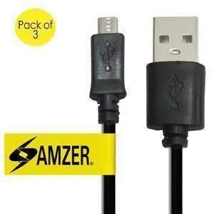 Amzer Universal Micro USB to USB 2.0 Data Sync and Charge Cable 3ft. Pack of 3 - Black