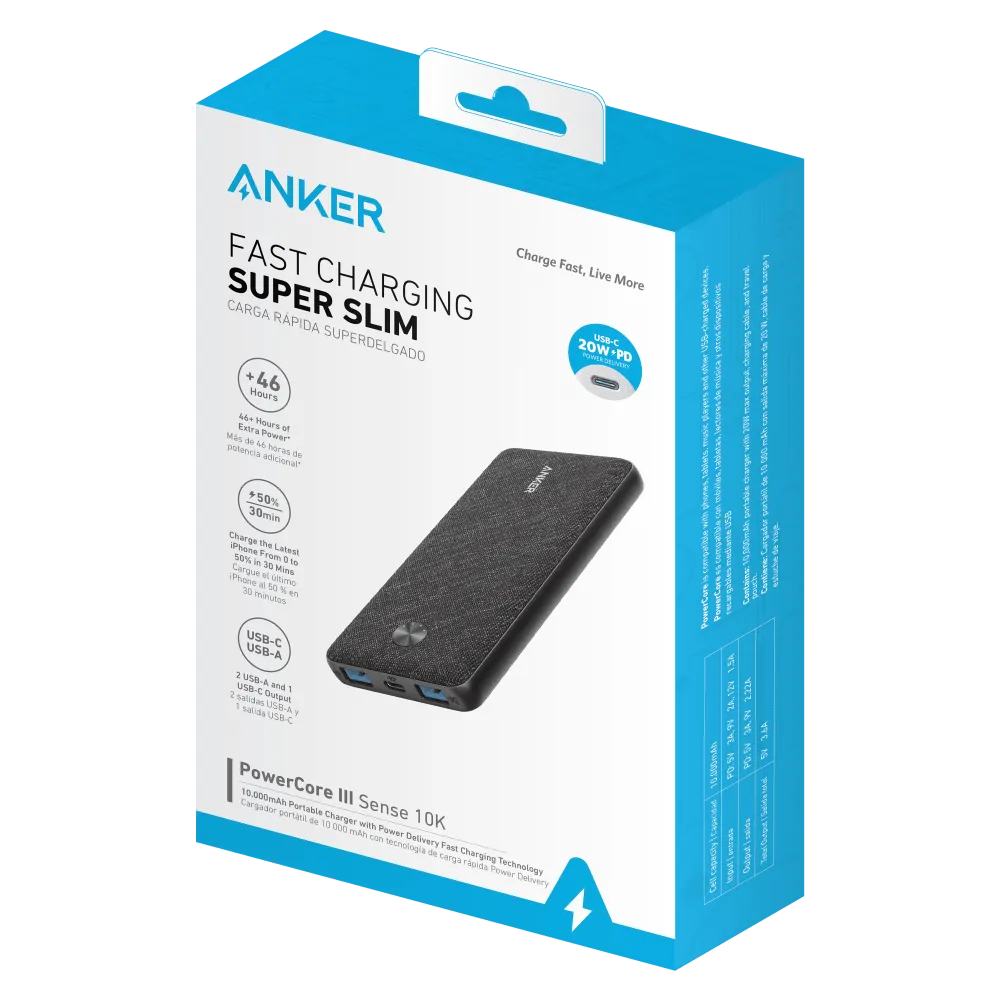 Anker PowerCore 3 Sense 3 PD Port Power Bank 20W 10,000 mAh - Black