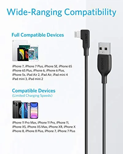 Anker USB-A to 90 Degree Lightning Cable (3 ft), MFi Certified, Compatible for iPhone SE / 11 Pro/X/XS/XR / 8 Plus/AirPods Pro, iPad 8, iPod Touch, and More(Black)