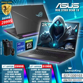 Asus Rog Strix Scar 18 G834JZR-N6056 Core i9-14900hx Rtx 4080 240hz 18" 2k  Gaming Laptops (Brand New)