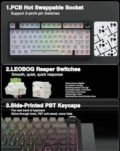 AULA F75 Pro Wireless Mechanical Keyboard,75% Gasket Hot Swappable Custom Keyboard,RGB Backlit,Pre-lubed Reaper Switches,Side Printed PBT Keycaps,2.4GHz/USB-C/BT5.0 Mechanical Gaming Keyboard