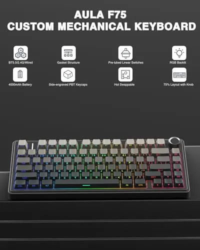 AULA F75 Pro Wireless Mechanical Keyboard,75% Gasket Hot Swappable Custom Keyboard,RGB Backlit,Pre-lubed Reaper Switches,Side Printed PBT Keycaps,2.4GHz/USB-C/BT5.0 Mechanical Gaming Keyboard