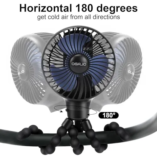 Automatic Oscillating Stroller Fan, With Detachable Tripod and 180° Electric Powered Rotate Portable Personal Small Mini Rechargeable USB Car Seat Clip on Fan for Crib Office Treadmill Bike Travel