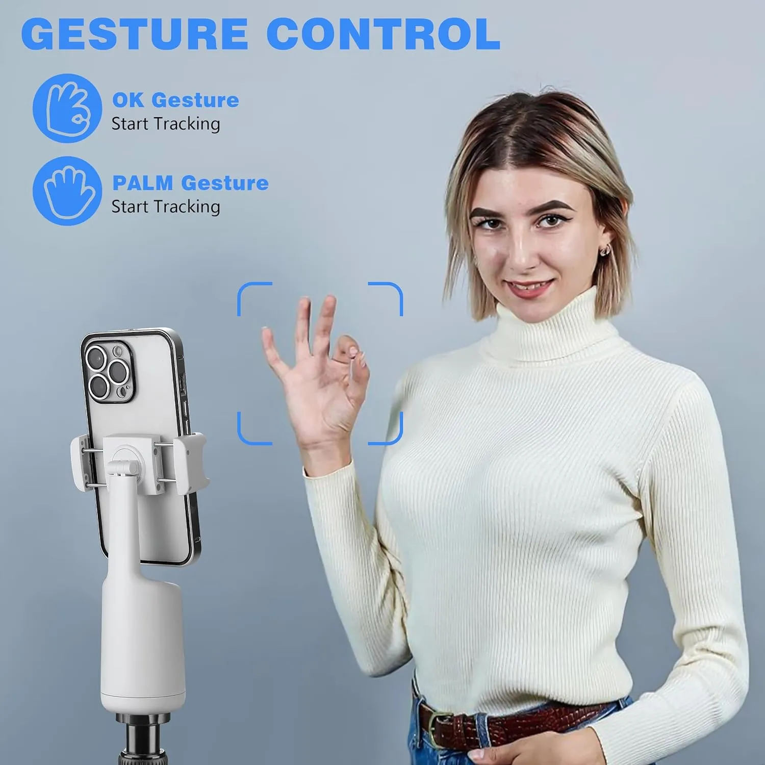 Automatic phone holder with face tracking.