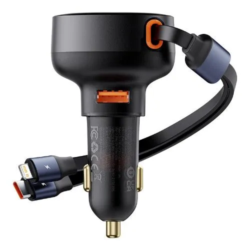 Baseus Enjoyment Pro Car Charger U  Retractable C & Ip Cable, 60Watts, Cluster Black