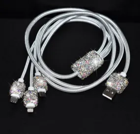 Bling Bedazzled Diamond Mobile Phone Data Charging Cable 3 in 1 Lightning, USB C, Micro USB to USB - Apple iPhone iPad & Android Cell Phone