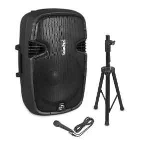 Bluetooth Active-Powered Loudspeaker Cabinet Kit - Wireless Music Streaming Pa Speaker System, Fm Stereo Radio, Usb/Sd Readers, 15'' Subwoofer, 1500 Watt (Includes Speaker Stand, Wired Microphone)