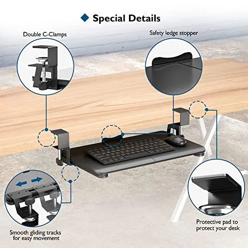 BONTEC Small Keyboard Tray Under Desk, Pull Out Keyboard & Mouse Tray with C Clamp, 20 (24.6Including Clamps) x 11.8inch Steady Slide-Out Computer Drawer, Perfect for Home or Office, Black