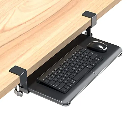 BONTEC Small Keyboard Tray Under Desk, Pull Out Keyboard & Mouse Tray with C Clamp, 20 (24.6Including Clamps) x 11.8inch Steady Slide-Out Computer Drawer, Perfect for Home or Office, Black