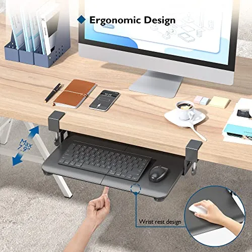 BONTEC Small Keyboard Tray Under Desk, Pull Out Keyboard & Mouse Tray with C Clamp, 20 (24.6Including Clamps) x 11.8inch Steady Slide-Out Computer Drawer, Perfect for Home or Office, Black