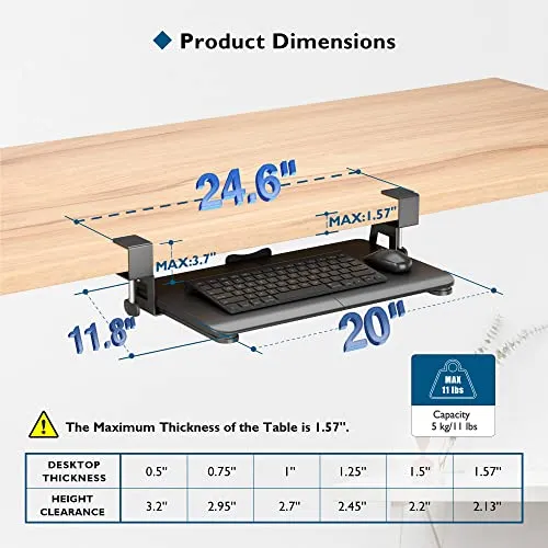 BONTEC Small Keyboard Tray Under Desk, Pull Out Keyboard & Mouse Tray with C Clamp, 20 (24.6Including Clamps) x 11.8inch Steady Slide-Out Computer Drawer, Perfect for Home or Office, Black