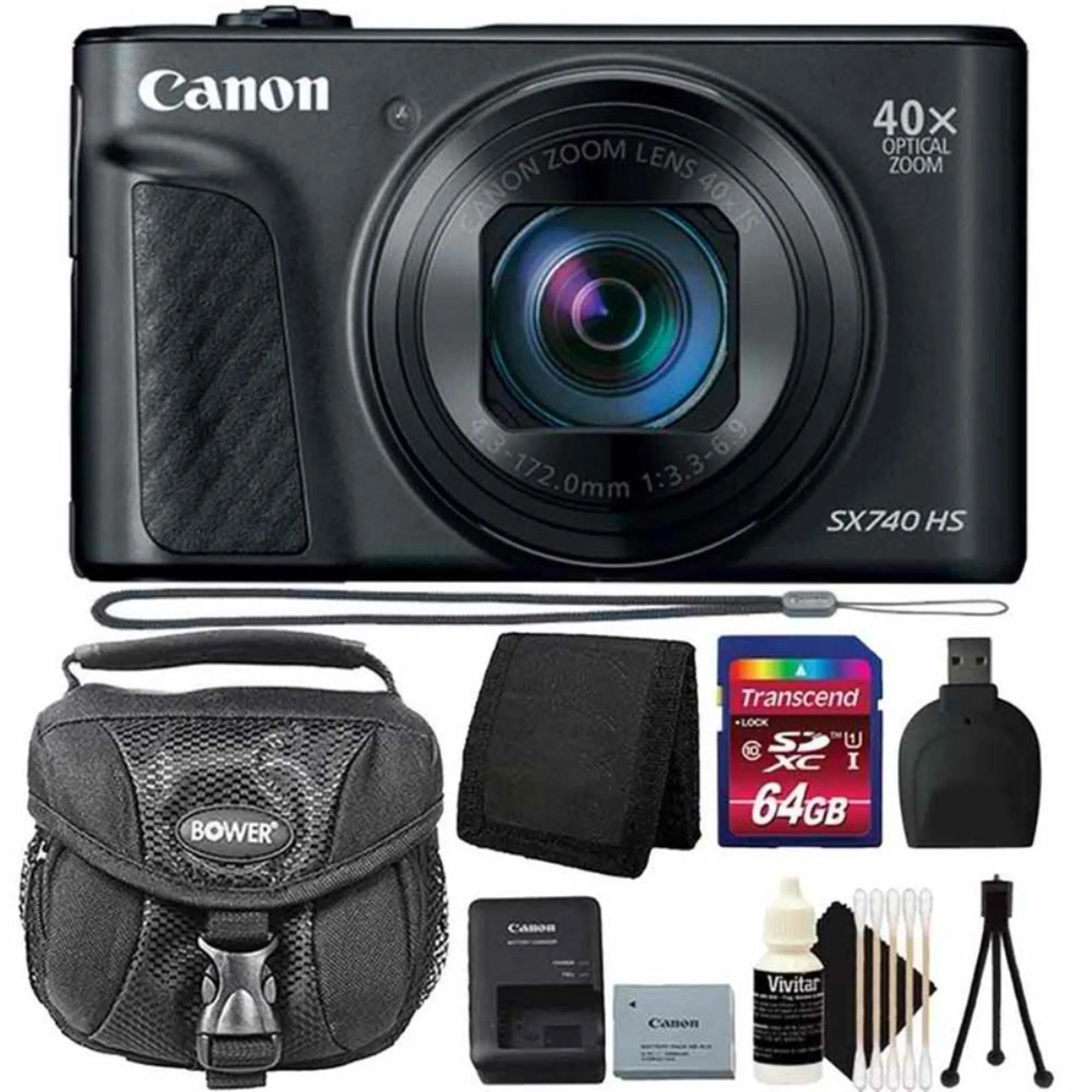 Canon PowerShot SX740 HS Digital Camera (Black)   64GB Memory Card   Wallet   Reader   Case   3pc Cleaning Kit   Mini Tripod