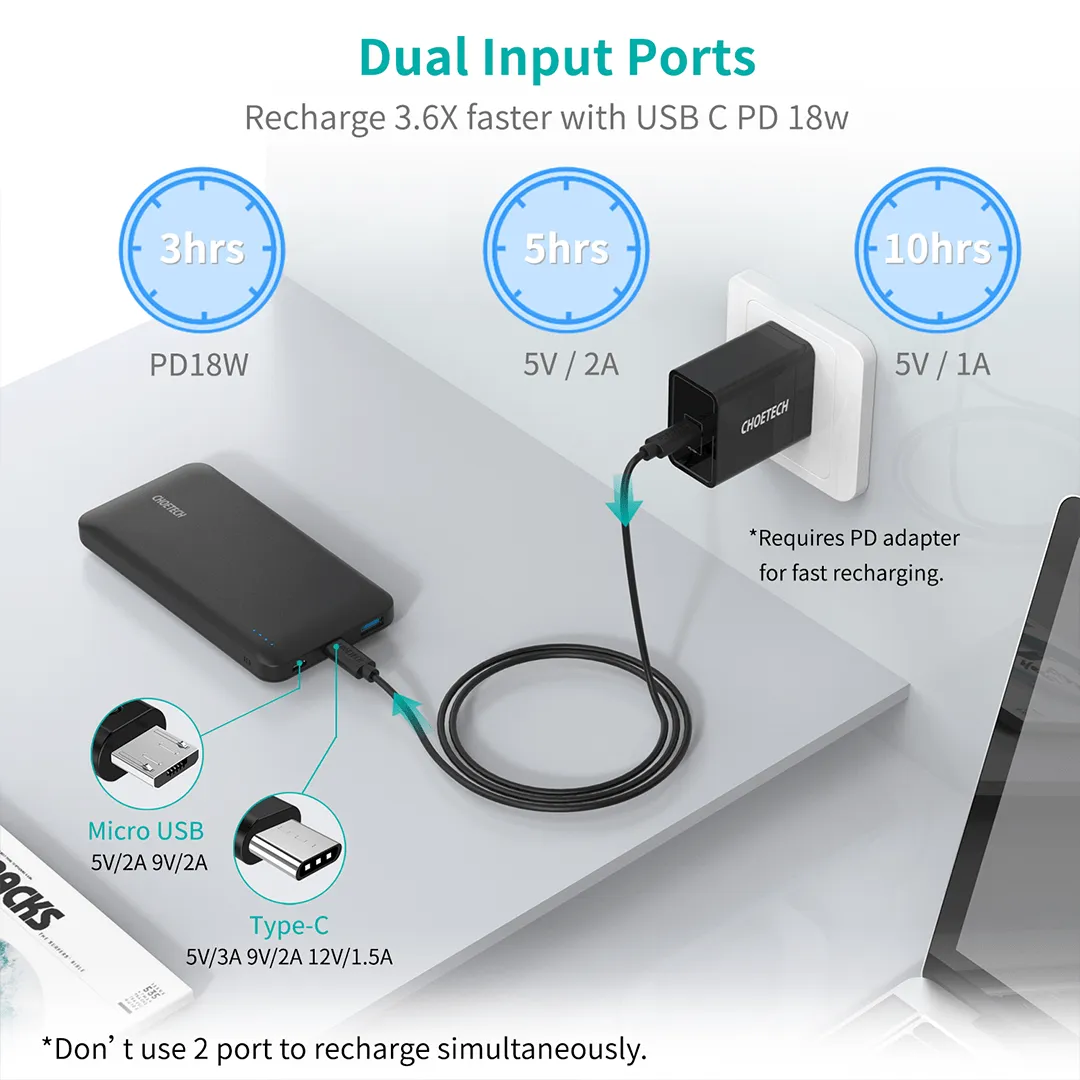 CHOETECH 10000mAh 18W PD with QC 3.0 USB-C PowerBank