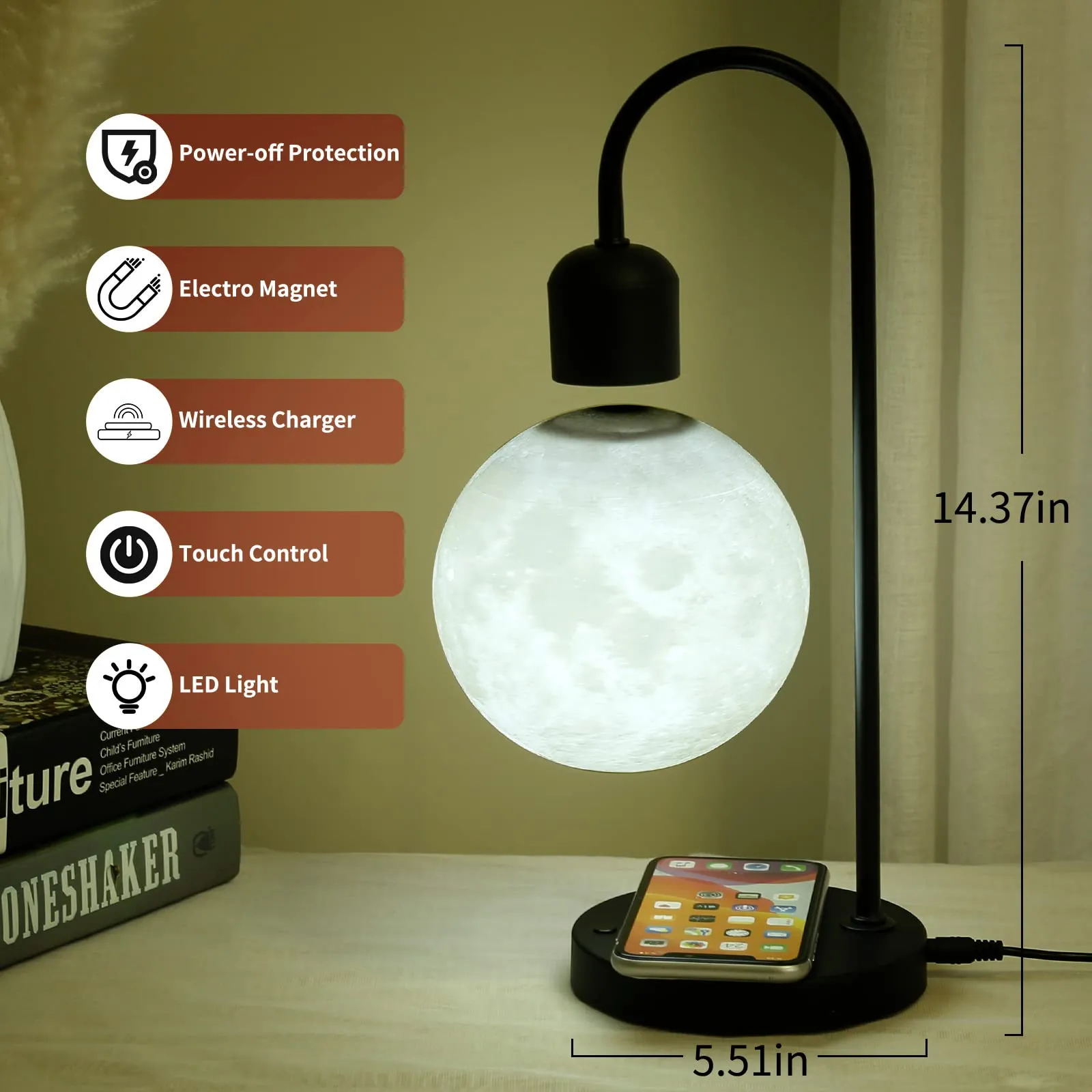 Coolha Floating Moon Lamp with Wireless Phone Charger & LED Levitating Ball in The Air Freely Unique Magnetic Cloud Desk Lamp with Cool Night Light, Home Office Decor & Gift for Friends Families