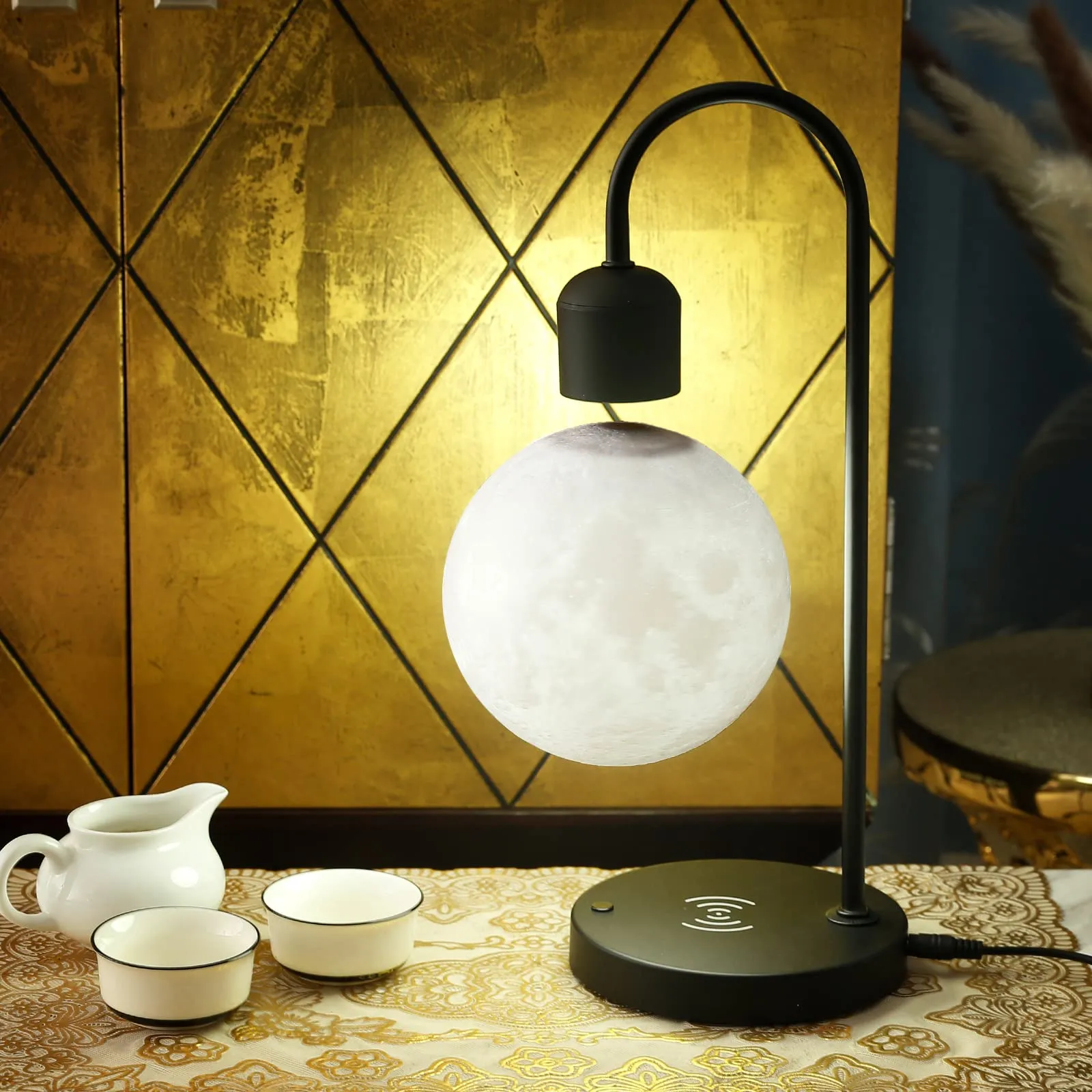 Coolha Floating Moon Lamp with Wireless Phone Charger & LED Levitating Ball in The Air Freely Unique Magnetic Cloud Desk Lamp with Cool Night Light, Home Office Decor & Gift for Friends Families