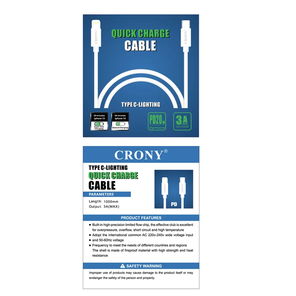 CRONY CR-001 Support Quick Charge&Data C-Lighting Cable 3A