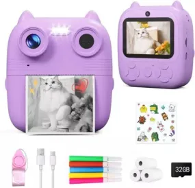 D8S CHILDRENS TIME FRONT/BACK REAR HD DIGITAL THERMAL PRINT CAMERA 1080P 48MP PURPLE