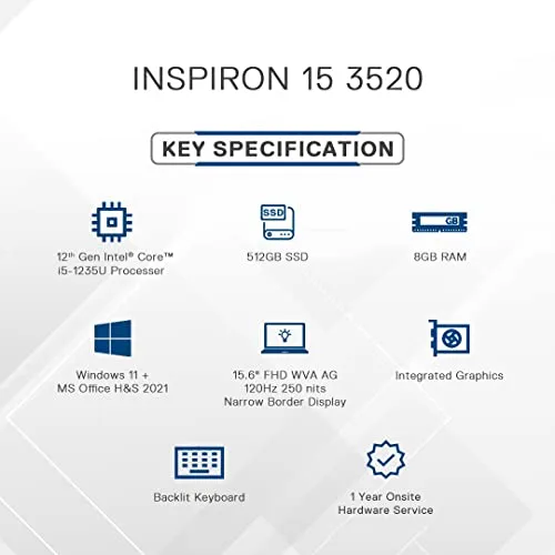 Dell Inspiron 3520 Thin & Light Laptop, Intel Core i5-1235U Processor, 8GB, 512GB SSD, 15.6" (39.62cm) FHD 120Hz 250 nits Display, Windows 11   MSO'21, Backlit KB, 15 Months McAfee, Silver, 1.65kg