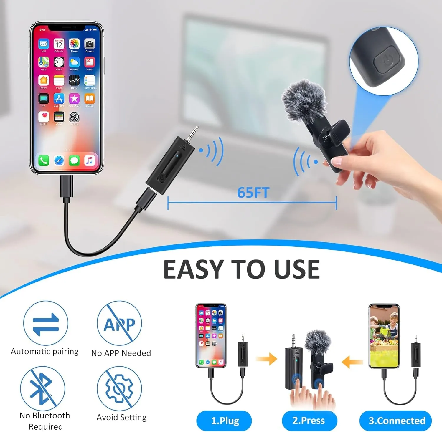 Dual Wireless Lavalier Microphone for Camera/iPhone/Android Phone/Laptop/Computer, Professional Plug-Play Lapel Microphone for Video Recording, Interview, Vlogging