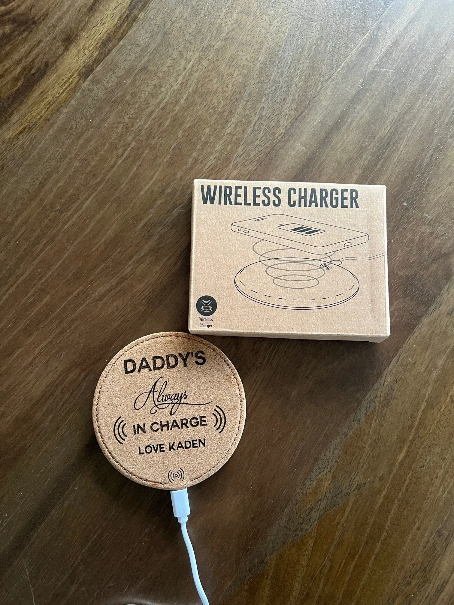 Eco-Friendly Personalised Dad's always in Charge Round Cork Wireless Phone Charging Pad. Funny Gift for Dad's