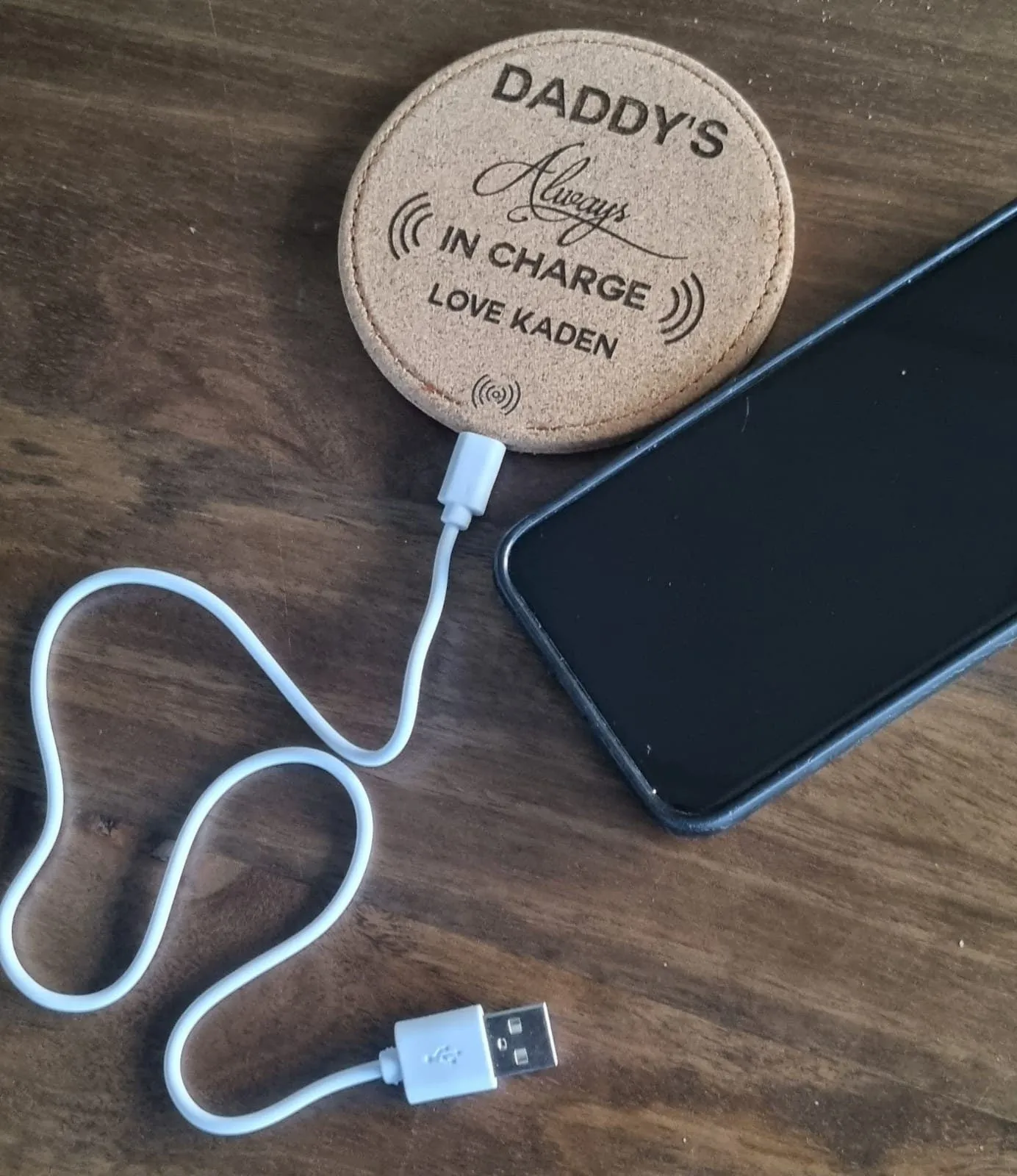 Eco-Friendly Personalised Dad's always in Charge Round Cork Wireless Phone Charging Pad. Funny Gift for Dad's