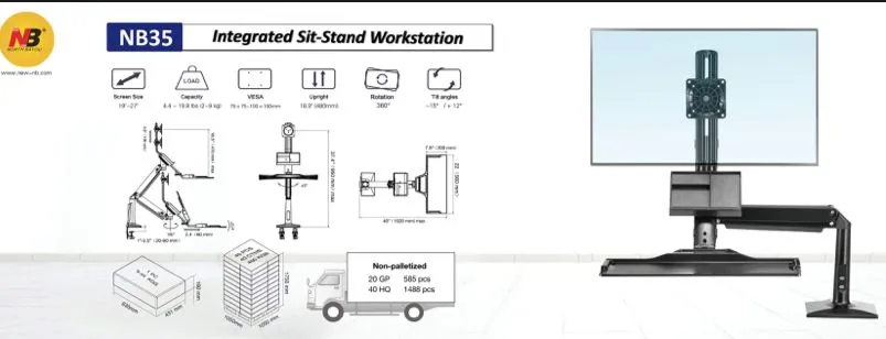 Gas Spring Floating Sit-Stand Single Monitor Desktop Mount - NB 35W (Fits Most 19" ~ 27")