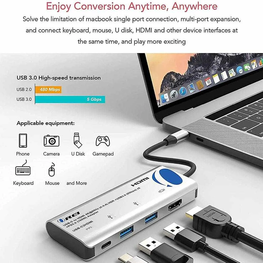 HDMI-C to HDMI Hub 4K@60Hz Adapter USB 3.0 x 2   USB-C PD 3.0 (100W) - Thunderbolt 3, Extend Display