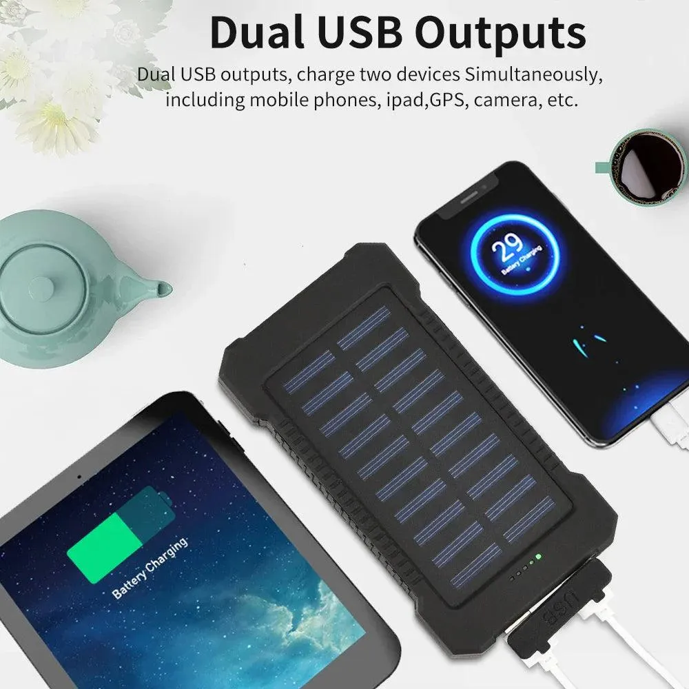 High-Capacity 30000mAh Waterproof Solar Power Bank with Dual USB Ports and LED Light for iPhone & Samsung