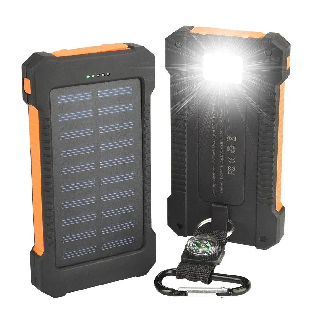 High-Capacity 30000mAh Waterproof Solar Power Bank with Dual USB Ports and LED Light for iPhone & Samsung