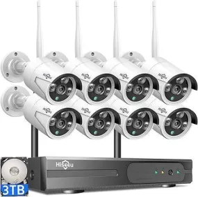 Hiseeu 2K Wireless Security Camera System, 10CH NVR Kit,8Pcs 3MP WiFi Surveillance Cameras for Home Indoor/Outdoor Use,Night Vision,Waterproof, Motion Detection, 3TB Hard Drive and DC Power Included