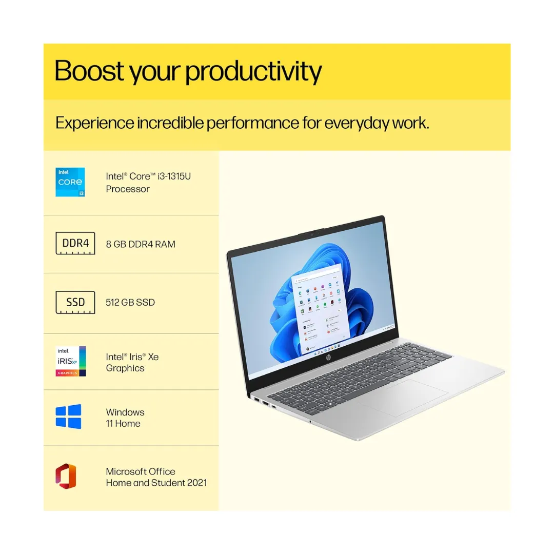 HP 15 Core I3 13Th Gen Intel(8Gb Ram/512Gb Ssd/Fhd/Ms Office 21/Backlit Keyboard/15.6-Inch(39.6 Cm)/ Windows 11/Silver/1.59 Kg) Fd0186Tu Laptop