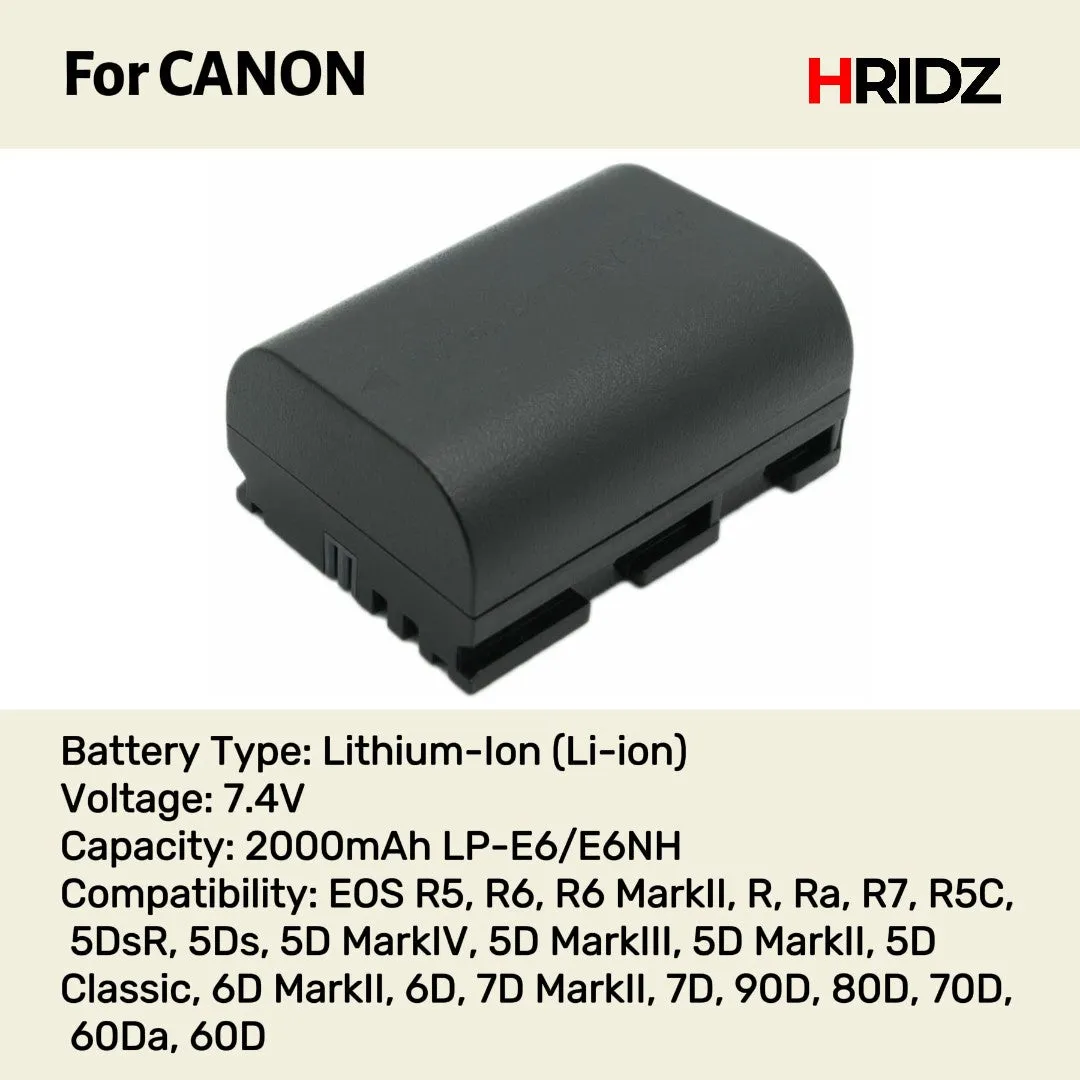 HRIDZ LP-E6 E6NH Batteries & Charger Pack for Canon R7 R6 5D 6D 7D 90D 80D 70D 60D E6NH