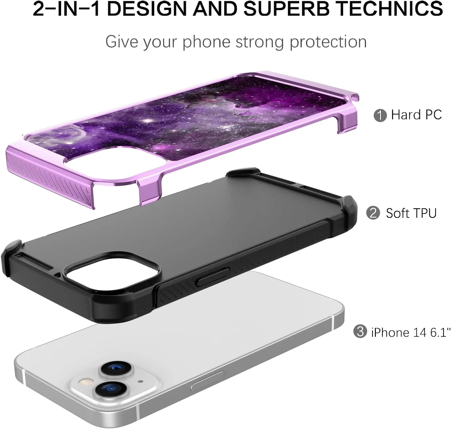 iPhone 14 Case, Phone Case iPhone 14 6.1" , Heavy Duty Shockproof Protection Hybrid Hard PC Bumper Cover, Purple Nebula