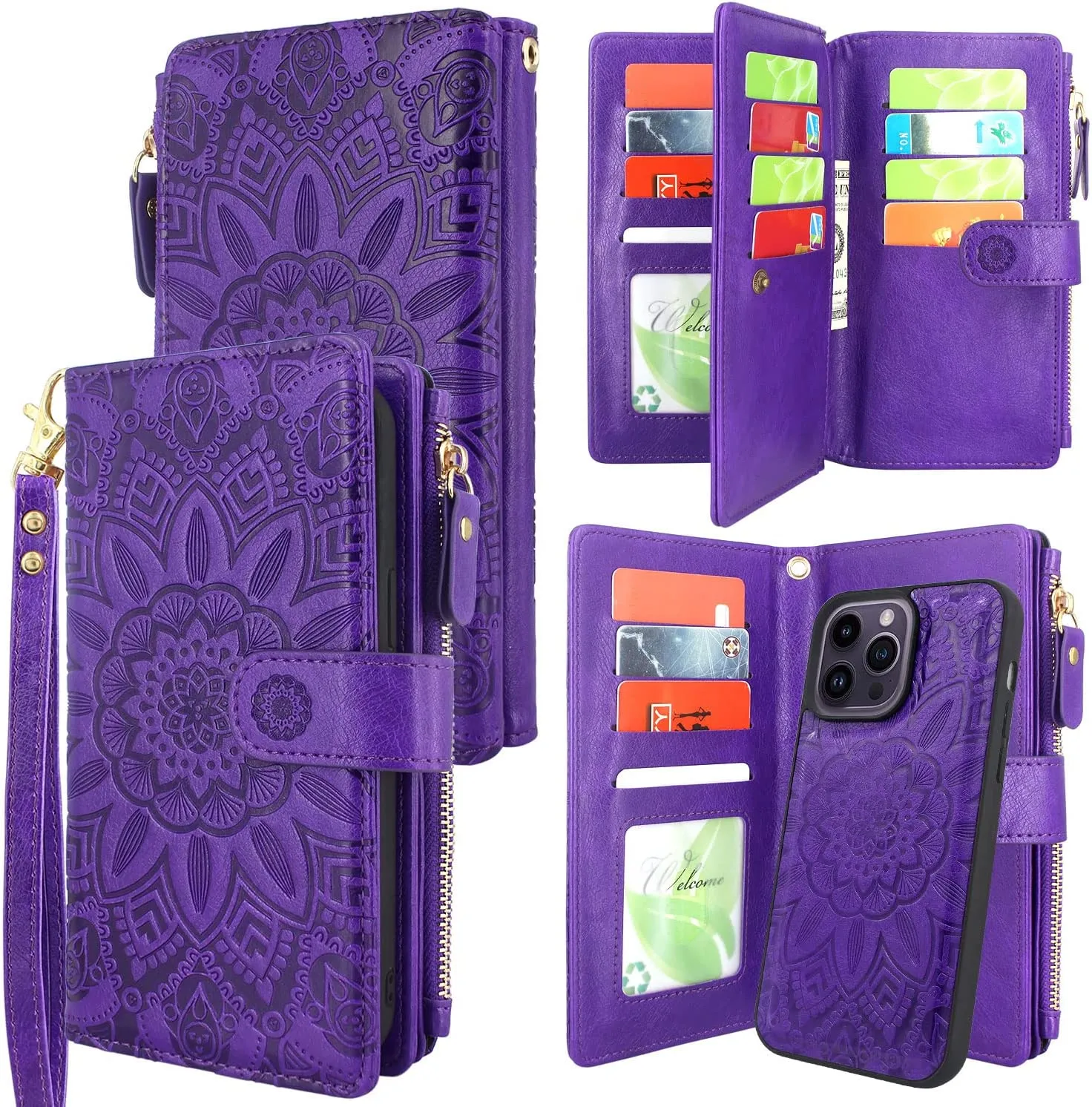 iPhone 14 Pro Max 6.7 inch Wallet Case Detachable Magnetic Cover Purple