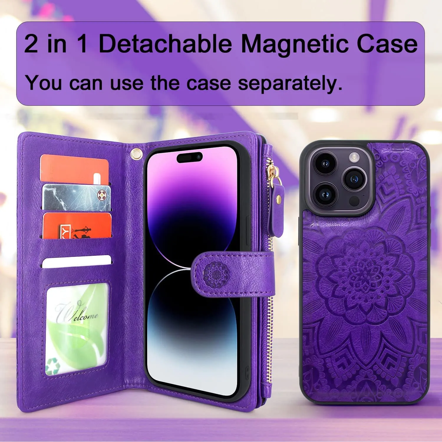 iPhone 14 Pro Max 6.7 inch Wallet Case Detachable Magnetic Cover Purple